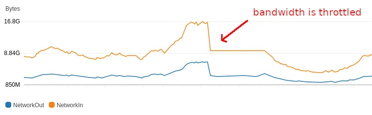 A server whose bandwidth is throttled (seen from CloudWatch)